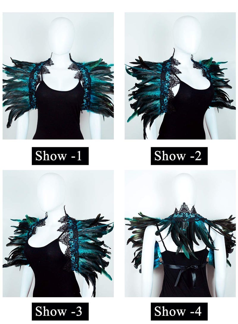 L'VOW Gothic Natural Feather Cape Shawl Shoulder Wrap Lace Collar Halloween Evil Queen Costumes for Women(Acid blue) - Image 4
