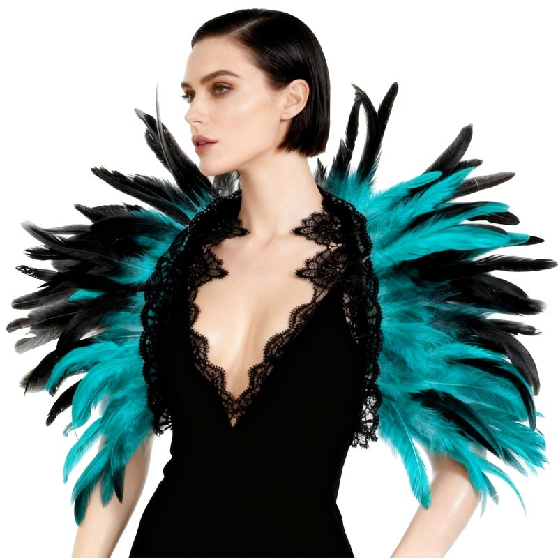 L'VOW Gothic Natural Feather Cape Shawl Shoulder Wrap Lace Collar Halloween Evil Queen Costumes for Women(Acid blue) - Image 2