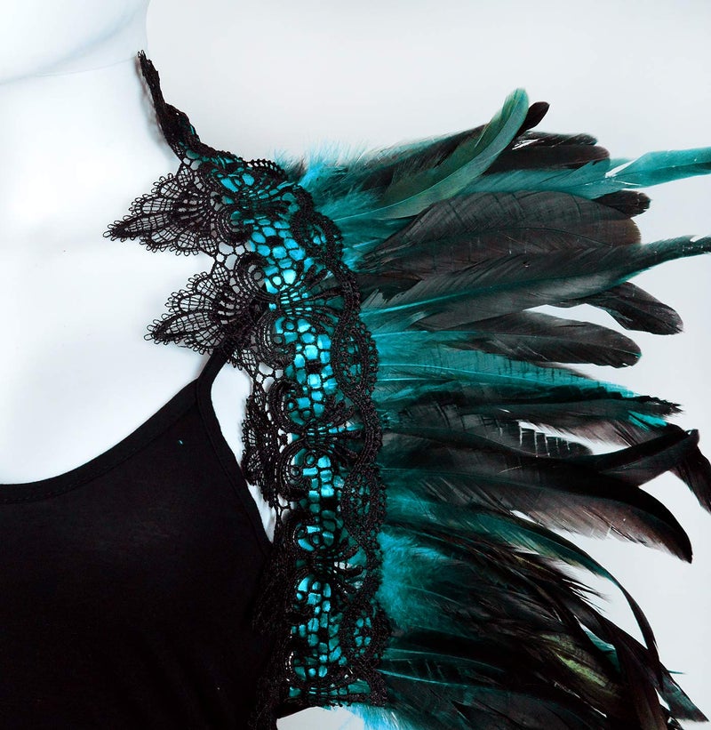 L'VOW Gothic Natural Feather Cape Shawl Shoulder Wrap Lace Collar Halloween Evil Queen Costumes for Women(Acid blue) - Image 5