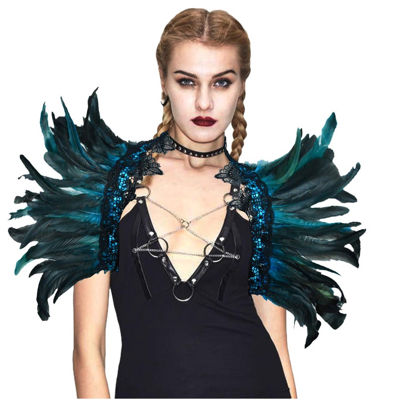 L'VOW Gothic Natural Feather Cape Shawl Shoulder Wrap Lace Collar Halloween Evil Queen Costumes for Women(Acid blue) - Image 3