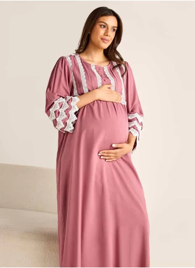 فاف Lace Detail Maternity Night Gown with 3/4 Sleeves