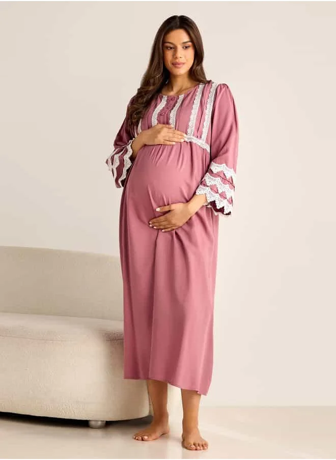 فاف Lace Detail Maternity Night Gown with 3/4 Sleeves