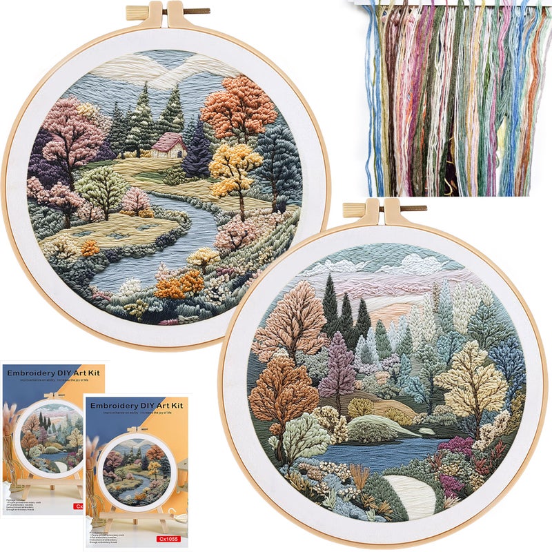FONNUY 2 Set Embroidery Kit DIY for Adult Beginner, Pre-Stamped Patterns Mountain Sea Embroidery Kits with Hoop, Colored Threads and Needles, Easy to Follow Needlework (Boho Trees) - Image 1