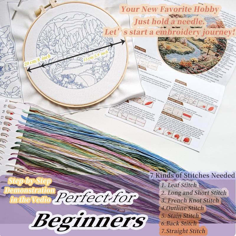 FONNUY 2 Set Embroidery Kit DIY for Adult Beginner, Pre-Stamped Patterns Mountain Sea Embroidery Kits with Hoop, Colored Threads and Needles, Easy to Follow Needlework (Boho Trees) - Image 5