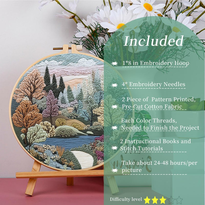 FONNUY 2 Set Embroidery Kit DIY for Adult Beginner, Pre-Stamped Patterns Mountain Sea Embroidery Kits with Hoop, Colored Threads and Needles, Easy to Follow Needlework (Boho Trees) - Image 4