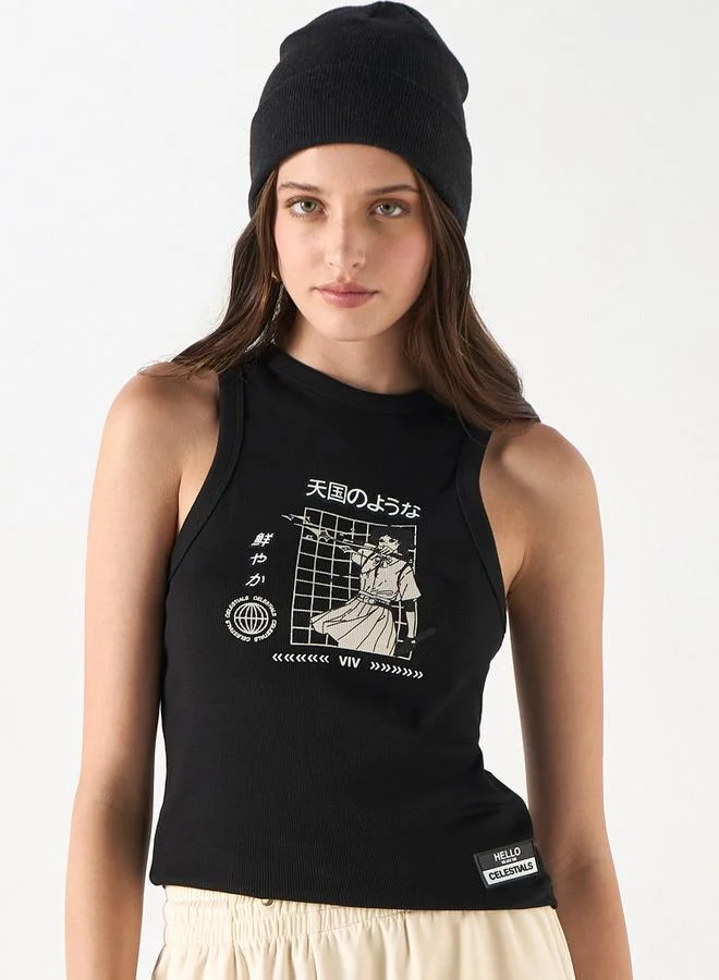 SP Characters Anime Print Sleeveless Tank Top with Crew Neck