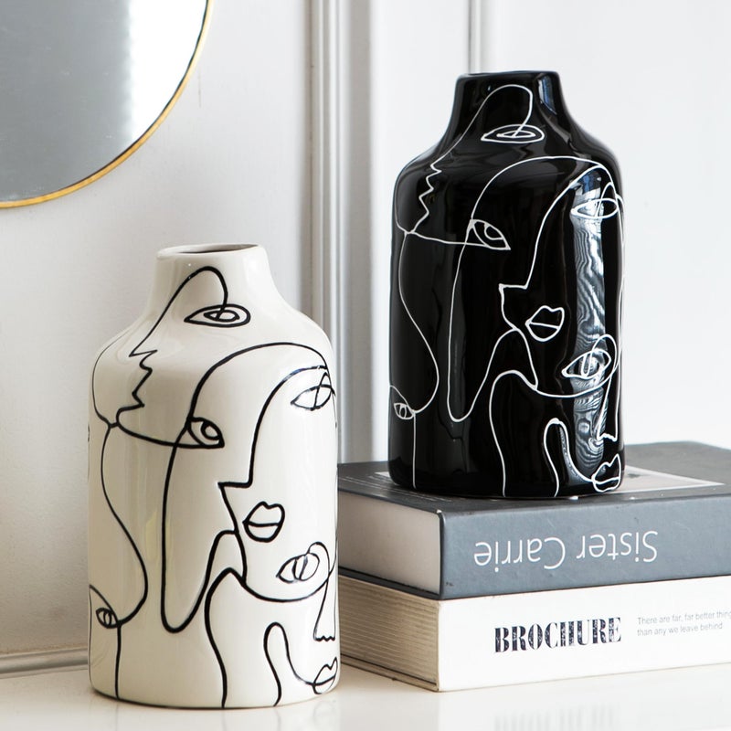Kimdio Ceramic Vase Set, 2pcs Black and White Abstract Irregular Design Flower Vases, Modern Home Decor Living Room Decor Minimalist Decorative Vase for Pampas Grass - Image 1