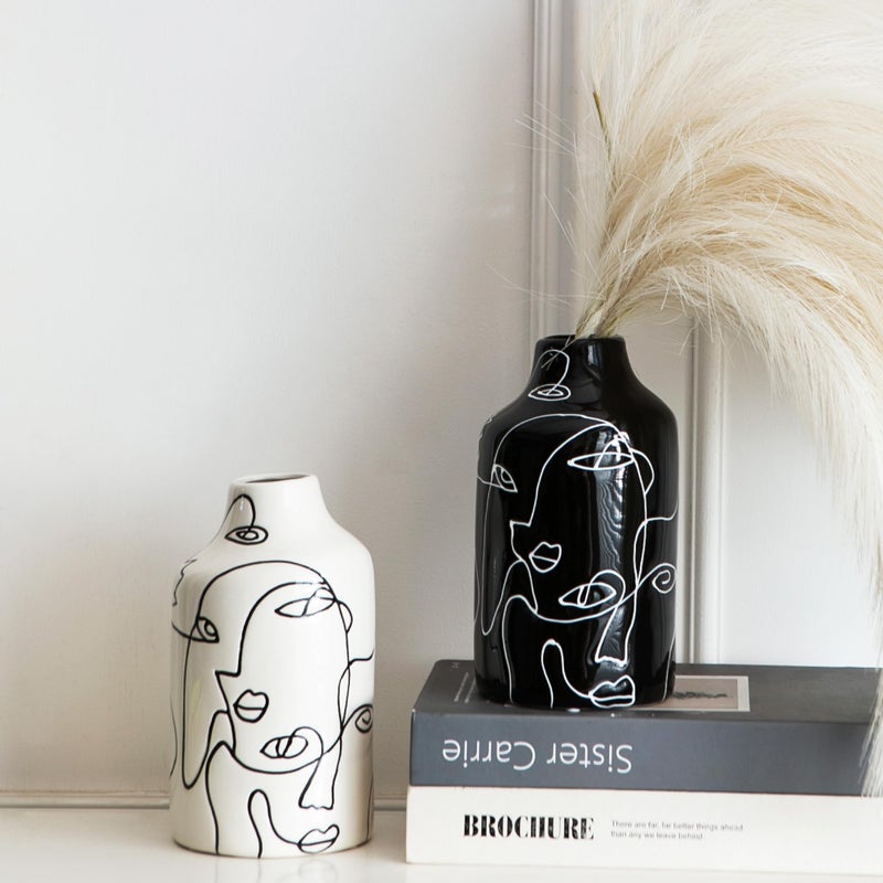 Kimdio Ceramic Vase Set, 2pcs Black and White Abstract Irregular Design Flower Vases, Modern Home Decor Living Room Decor Minimalist Decorative Vase for Pampas Grass - Image 2