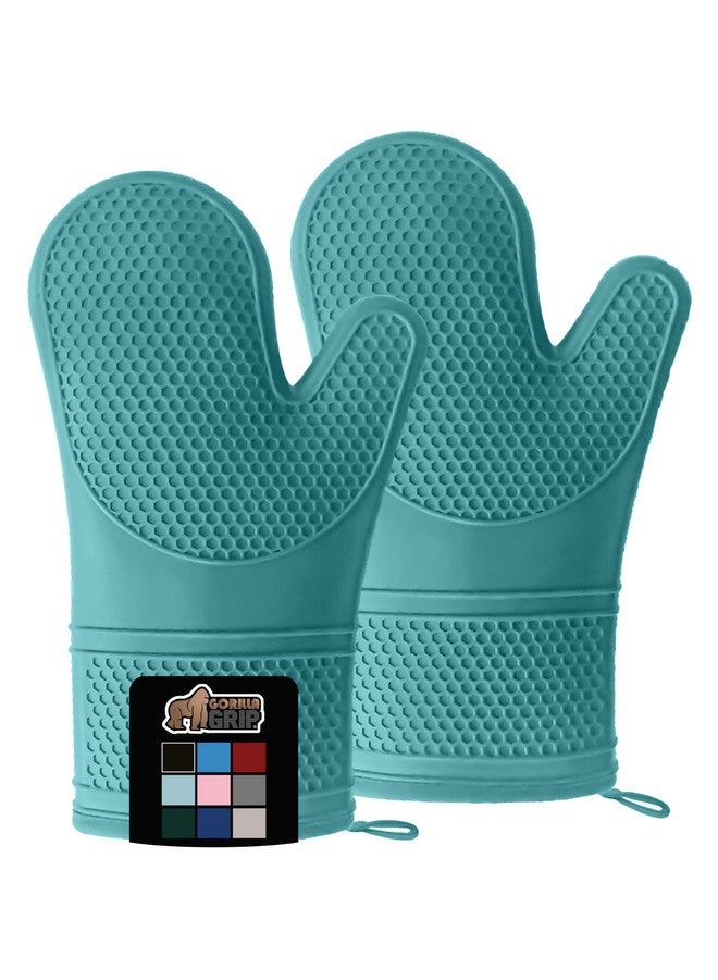 Gorilla Grip GORILLA GRIP Heat Resistant Durable Silicone Oven Mitts, BPA-Free Protective Grilling Potholders, Soft Cotton Lining, Flexible Waterproof Cooking Mitt Set, Kitchen Home Essentials, 12.5x8.3, Turquoise  - Image 1