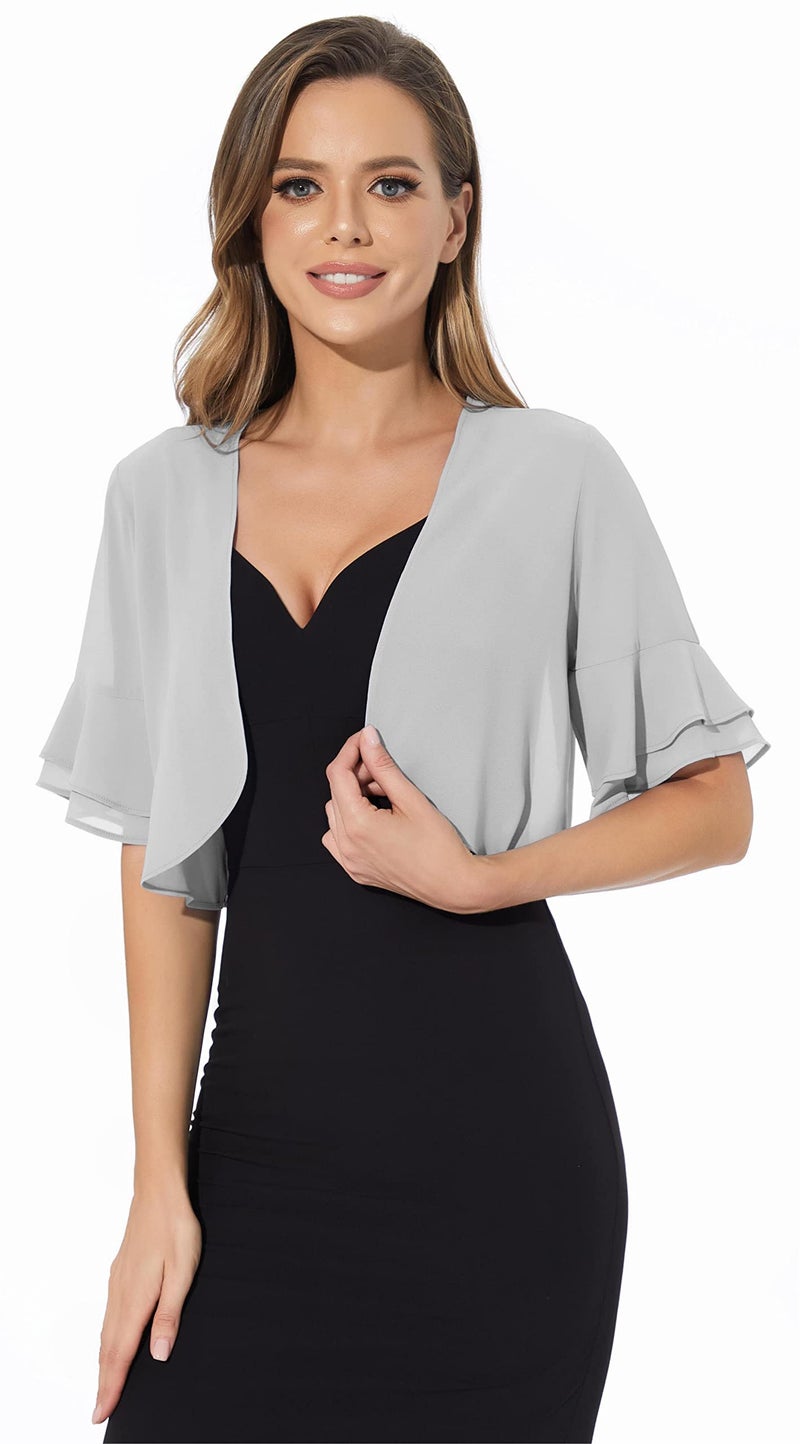 Sepsap Women Shrug Soft Chiffon Open Front Sheer 3/4 Sleeve Bolero Cardigan for Evening Dress(Silver,M) - Image 5
