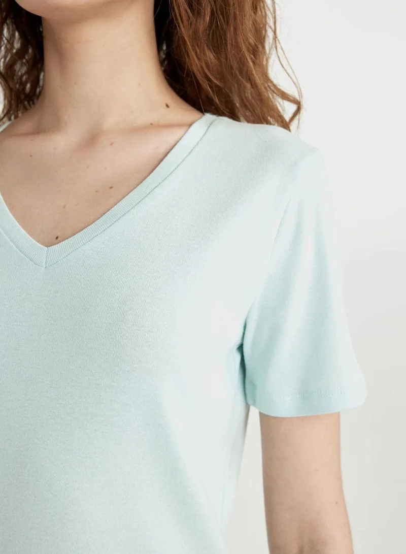 DeFacto  Slim Fit V-Neck Ribana Short Sleeve T-Shirt  | Best Price UAE