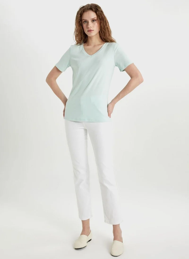 DeFacto  Slim Fit V-Neck Ribana Short Sleeve T-Shirt  | Best Price UAE