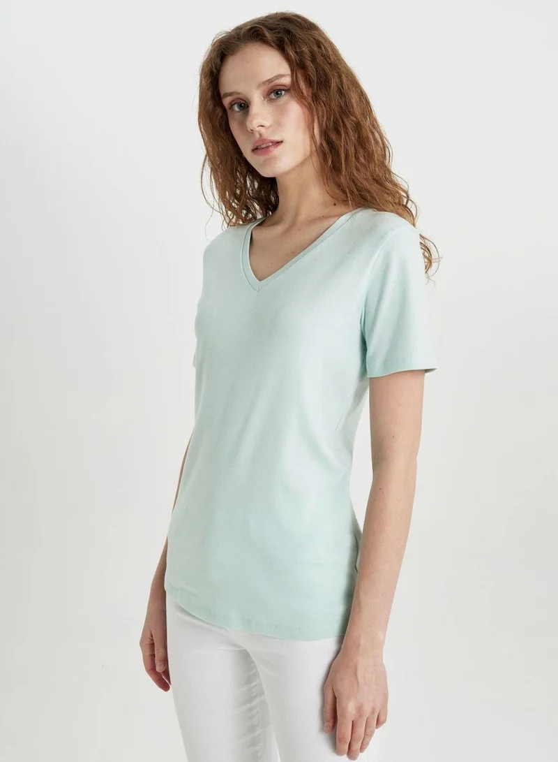 DeFacto  Slim Fit V-Neck Ribana Short Sleeve T-Shirt  | Best Price UAE