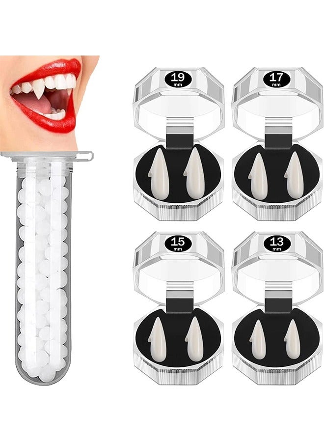 JCB CHIC 4 أزواج من أسنان مصاصي الدماء، وأنياب مصاصي الدماء، و4 أحجام من الأسنان التنكرية مع أنبوب واحد من كريات الأسنان اللاصقة لدعم الحفلات التنكرية، وحفلات الهالوين - Image 1