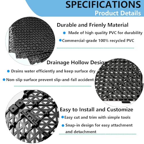 EVANCENT 8Pack Drainage Interlocking Floor Tiles, Non-Slip Pool Deck Drain Tiles for Flooring, Soft PVC Splicing Modular Cushion Mats, Rubber Floor Tiles with Holes for Shower Basement Garage Shed - Image 4