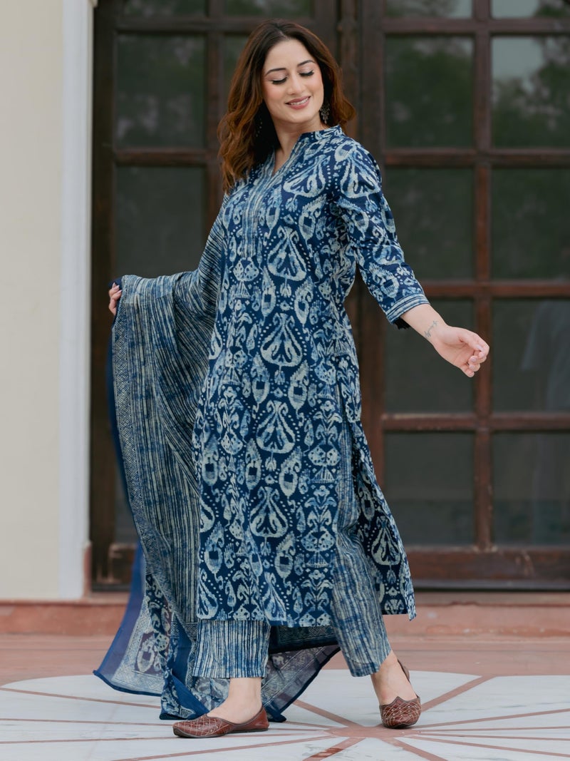 Arayna Women’s 100% Pure Cotton Ikat Printed Ethnic Straight Kurta Pant and Dupatta Set for Women, Indigo Blue, Large - Image 2