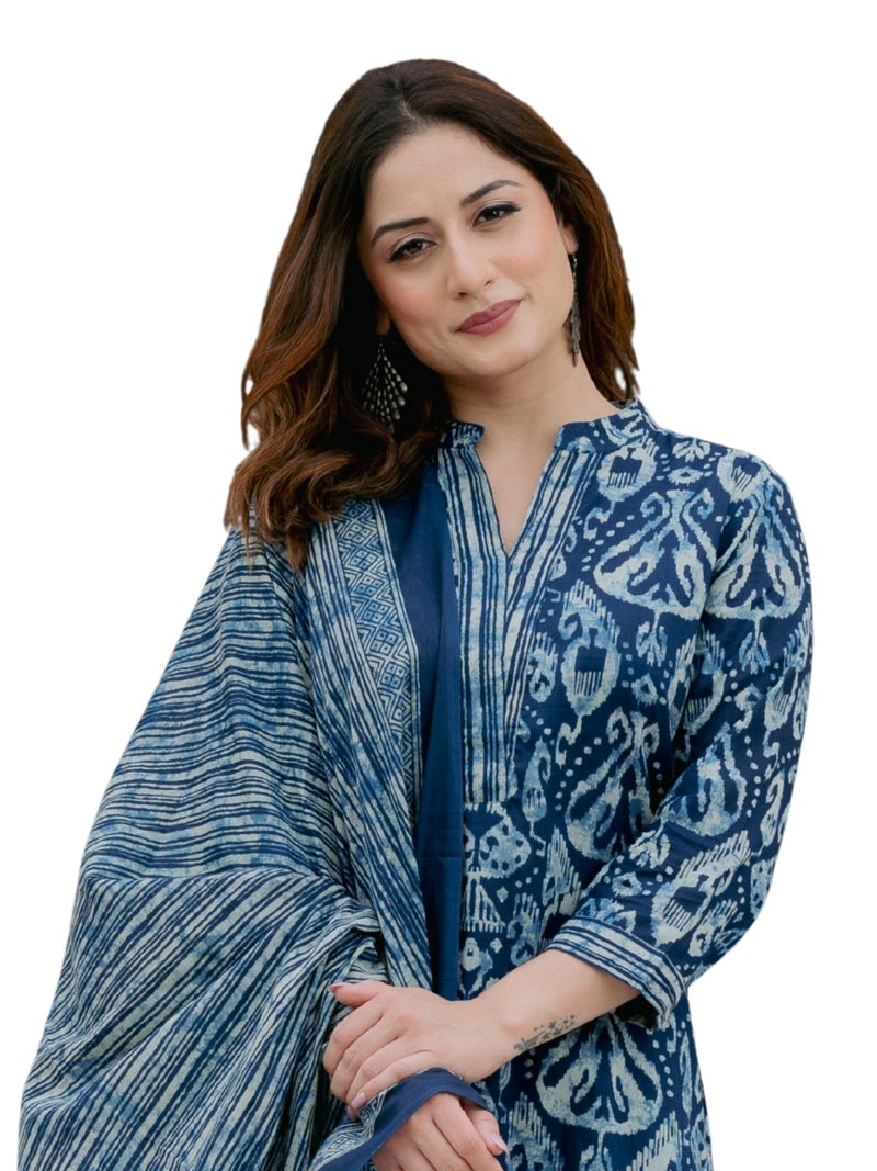 Arayna Women’s 100% Pure Cotton Ikat Printed Ethnic Straight Kurta Pant and Dupatta Set for Women, Indigo Blue, Large - Image 1