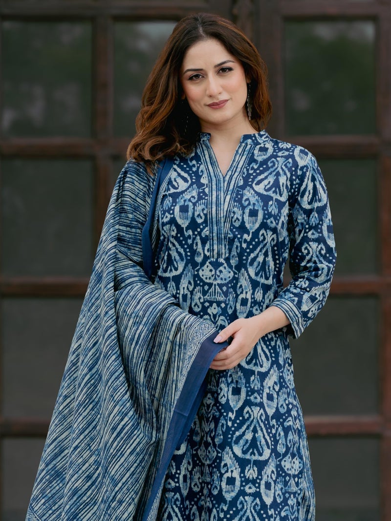 Arayna Women’s 100% Pure Cotton Ikat Printed Ethnic Straight Kurta Pant and Dupatta Set for Women, Indigo Blue, Large - Image 3