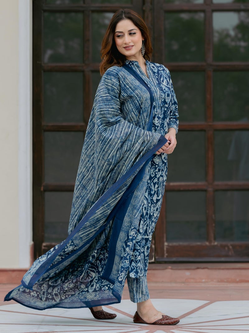 Arayna Women’s 100% Pure Cotton Ikat Printed Ethnic Straight Kurta Pant and Dupatta Set for Women, Indigo Blue, Large - Image 5