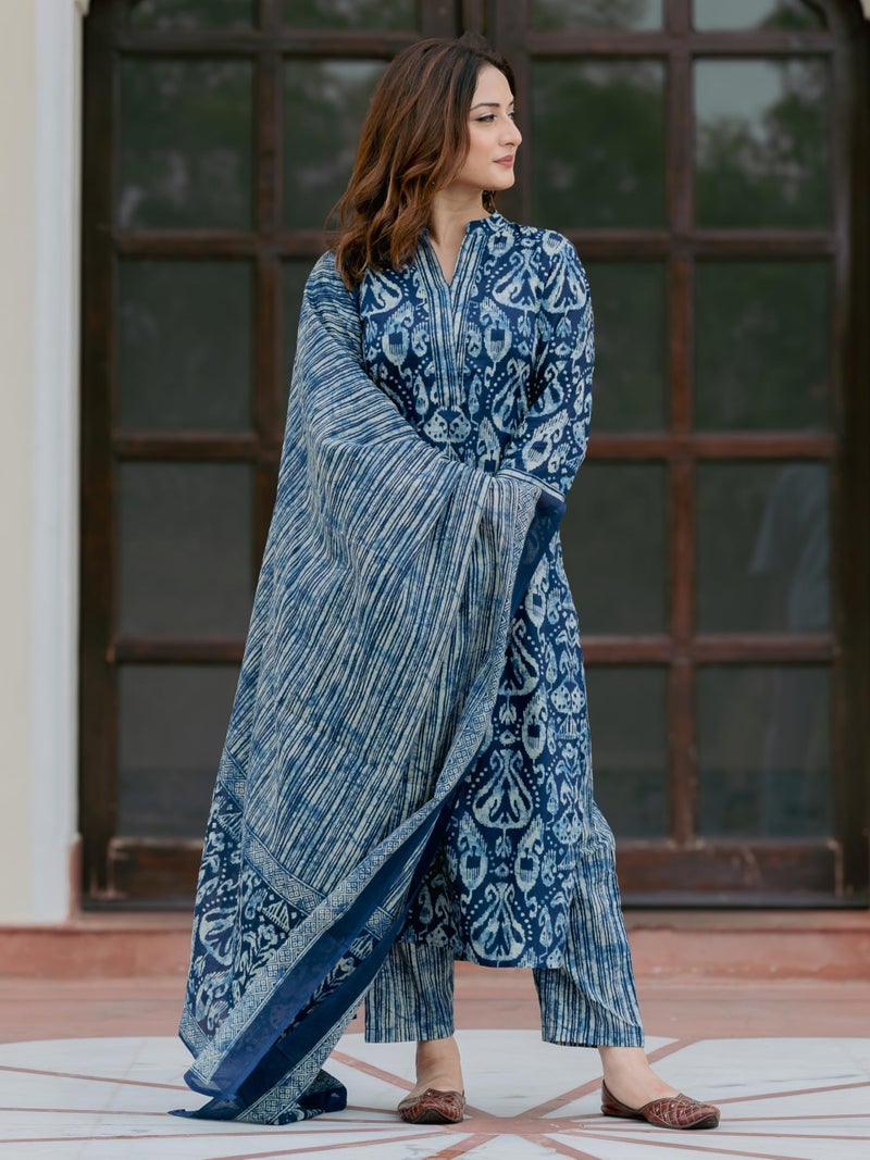 Arayna Women’s 100% Pure Cotton Ikat Printed Ethnic Straight Kurta Pant and Dupatta Set for Women, Indigo Blue, Large - Image 4