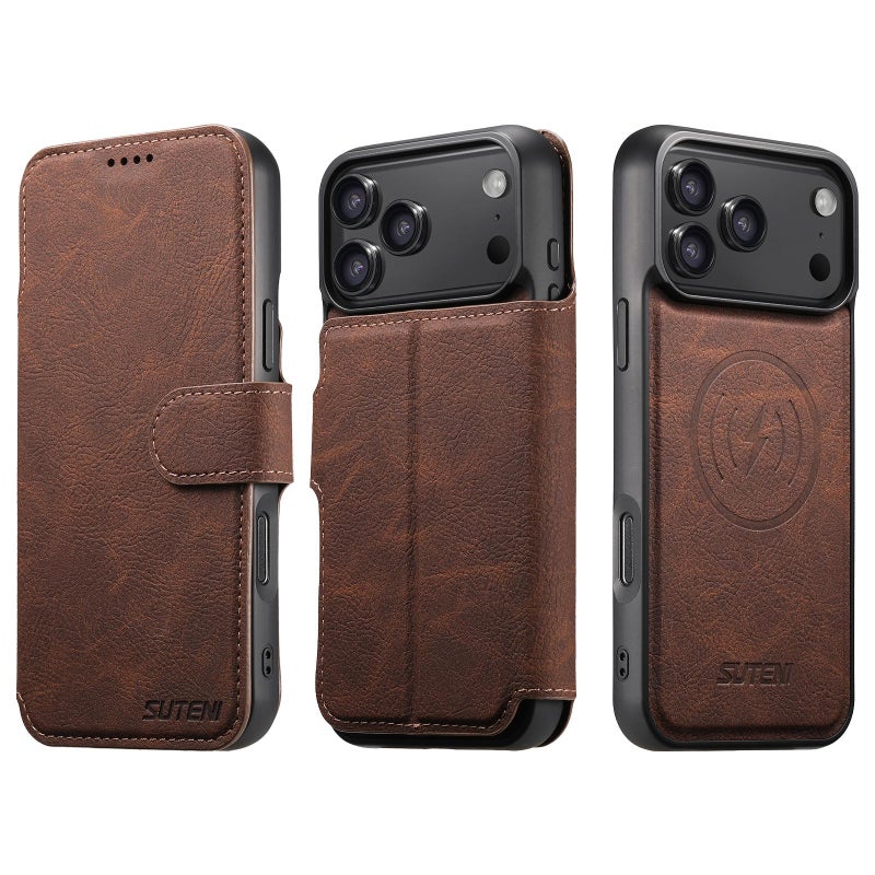 Suteni For Iphone 17 Pro Q05 2-In-1 Multi-Function Magsafe Wallet Litchi Leather Phone Case(Brown) - Image 1