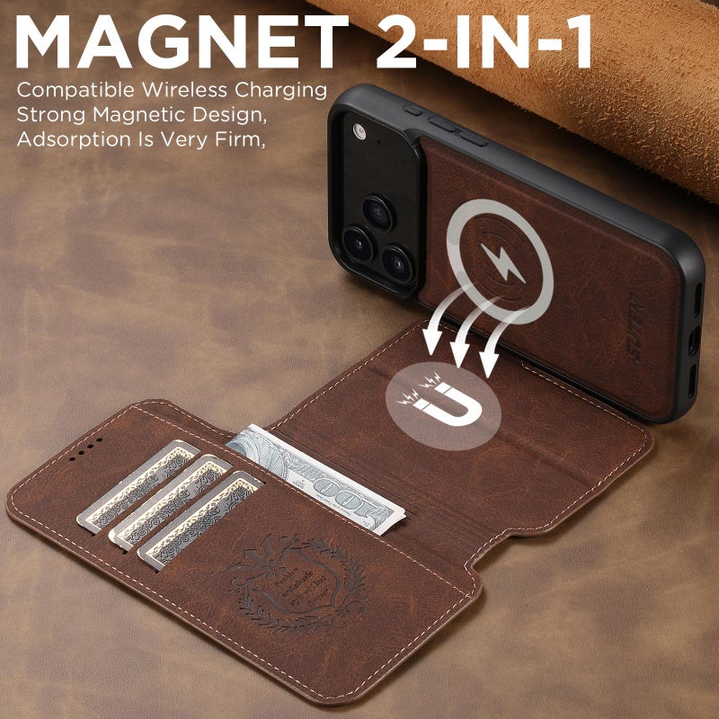 Suteni For Iphone 17 Pro Q05 2-In-1 Multi-Function Magsafe Wallet Litchi Leather Phone Case(Brown) - Image 3