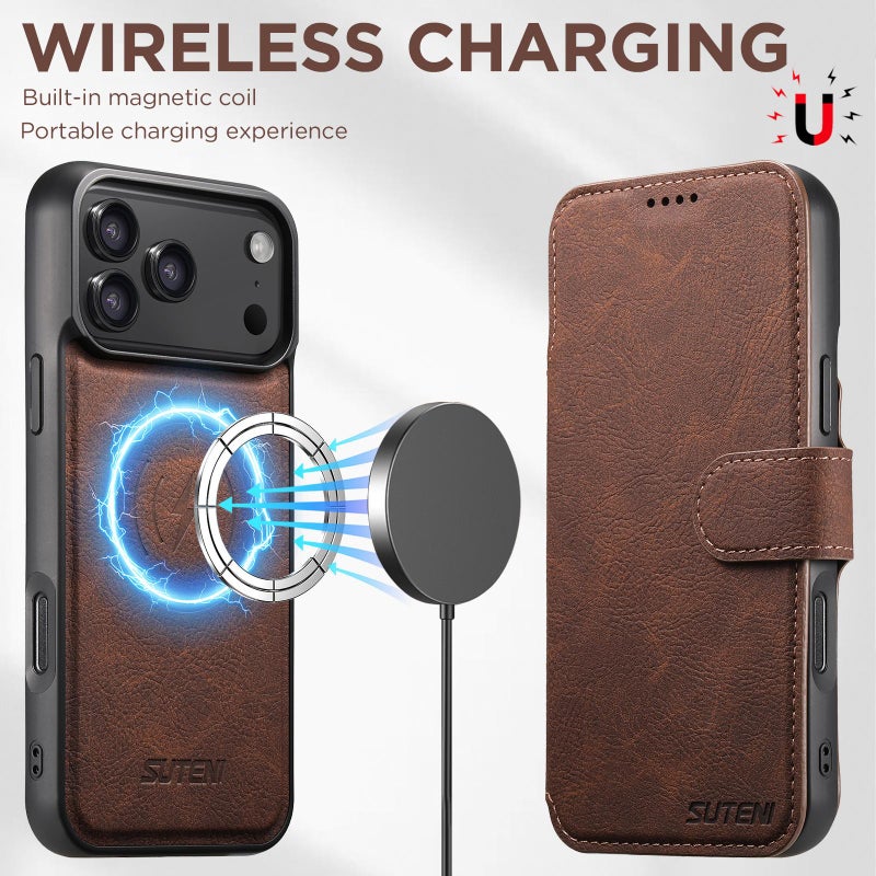 Suteni For Iphone 17 Pro Q05 2-In-1 Multi-Function Magsafe Wallet Litchi Leather Phone Case(Brown) - Image 5