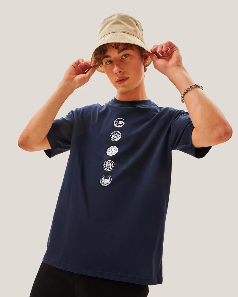 bewakoof Men's Blue Seek Balance Graphic Printed Oversized T-shirt