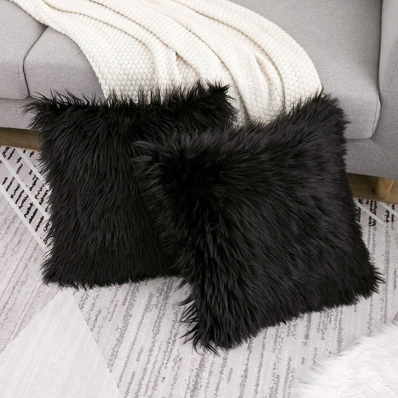 WLNUI Neat shape Set of 2 Black Decorative Pillow Covers New Luxury Series Merino Style Faux Fur Fluffy Throw Pillow Covers Square Fuzzy Cushion Case 20x20 Inch All-scene compatible build - Image 3