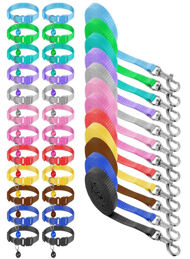 AOZUO 48 Pcs Small Dog Collar and Leash Set, Soft Nylon 8-14 Inch Adjustable Puppy Cat Kitten Collars with Bell Walking Training Rope for Newborn Small Pet (Multicolor, Solid Pattern) - Image 1