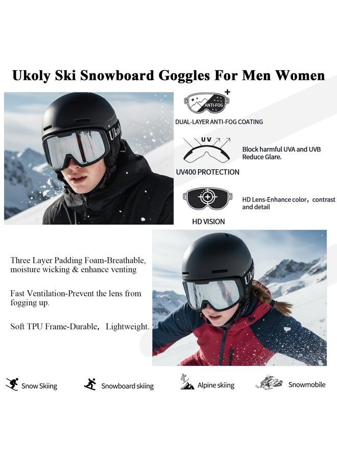 Ukoly Ski/Snowboard Goggles for Men Women, Snow Goggles HD Lens Anti-Fog Coating OTG Design UV400 Protection Windproof (Black Frame Silver HD Lens) - Image 3