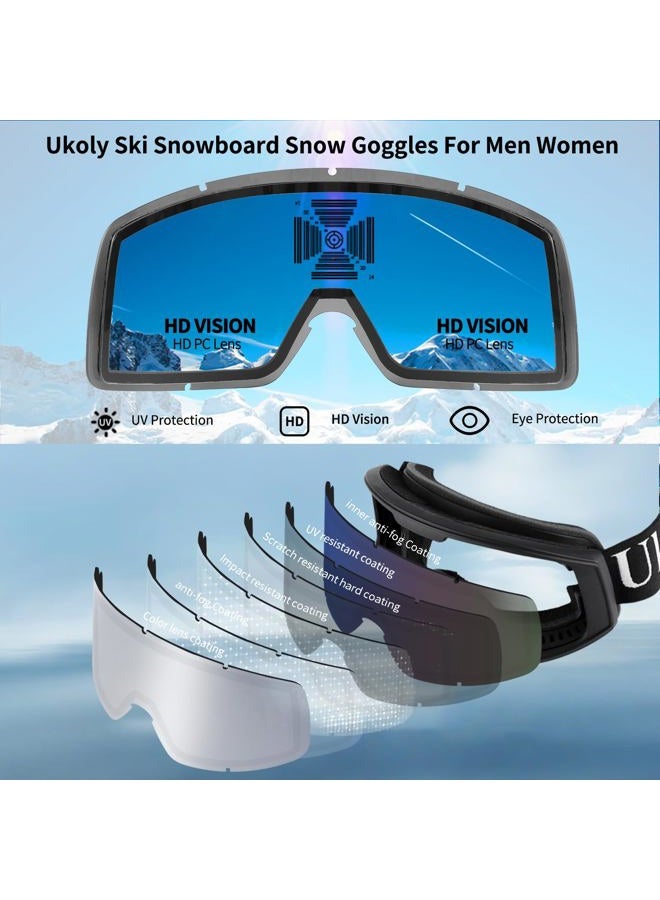 Ukoly Ski/Snowboard Goggles for Men Women, Snow Goggles HD Lens Anti-Fog Coating OTG Design UV400 Protection Windproof (Black Frame Silver HD Lens) - Image 4