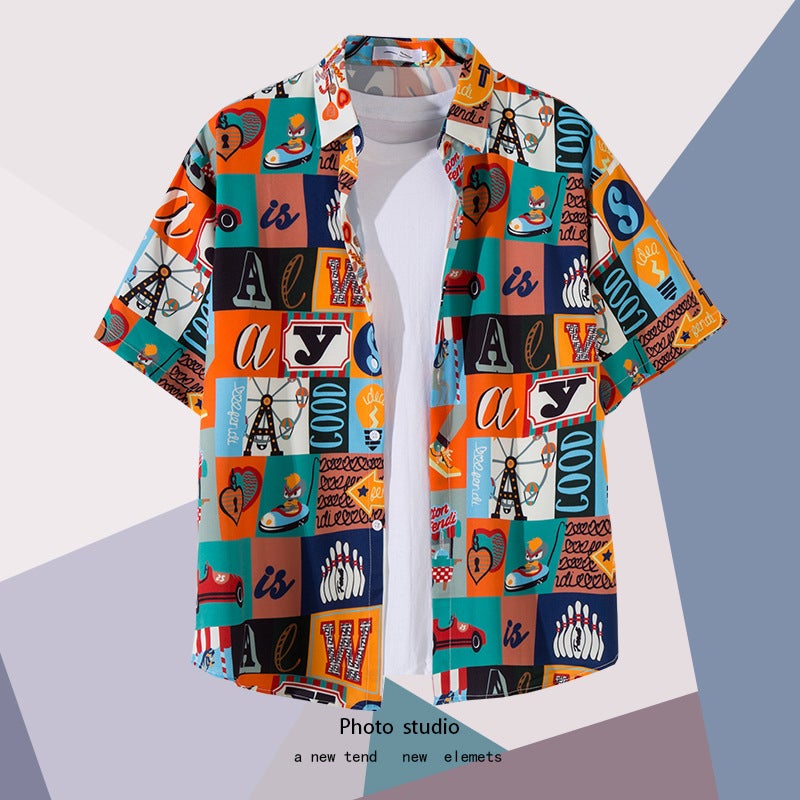 Beach Flower Shirt Men's Summer Thin Short-sleeved Shirt Loose Korean Fashionable Hawaiian Style Personalized Couple Clothes - Image 4