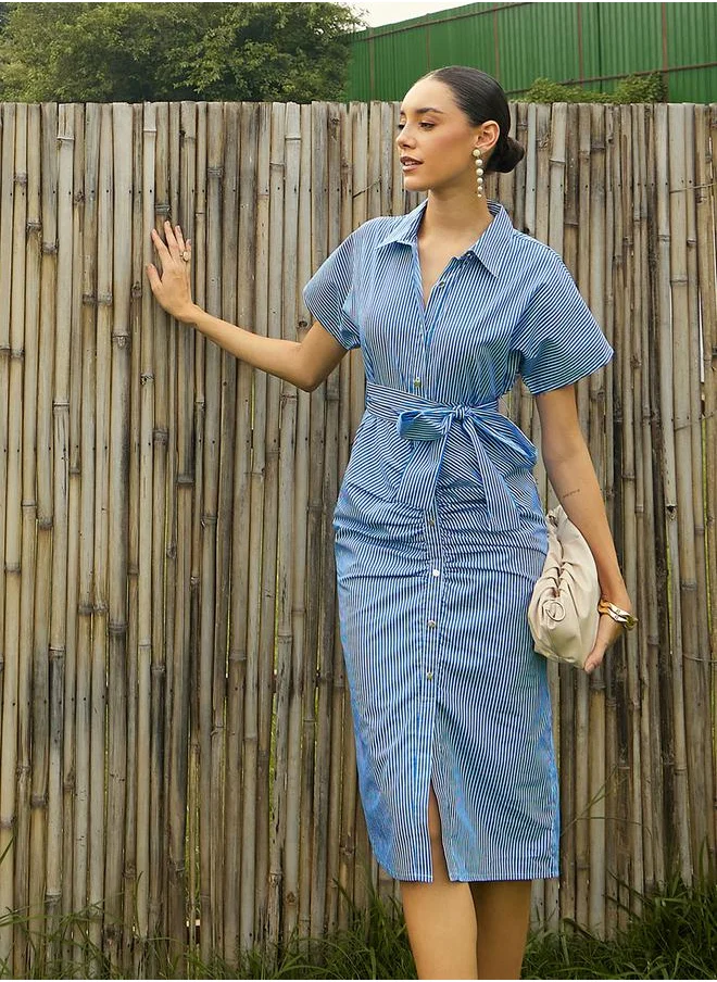 ساسافراس Striped Ruched Detail Shirt Midi Dress with Tie-Up Belt