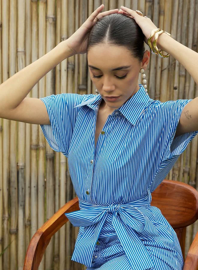 SASSAFRAS Striped Ruched Detail Shirt Midi Dress with Tie-Up Belt by Styli