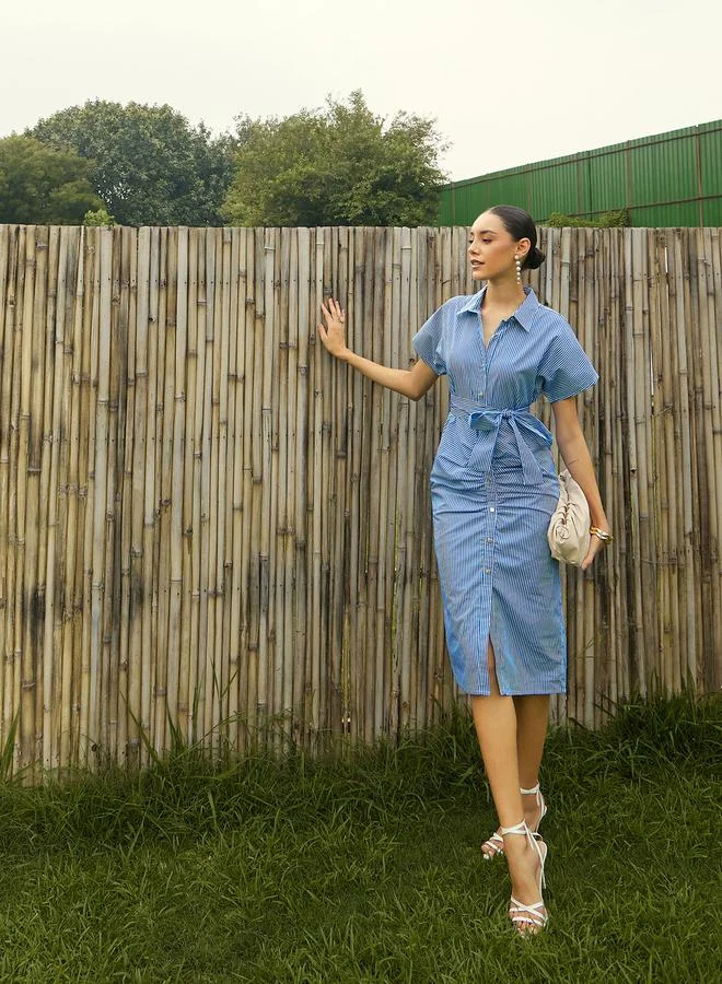 SASSAFRAS Striped Ruched Detail Shirt Midi Dress with Tie-Up Belt by Styli