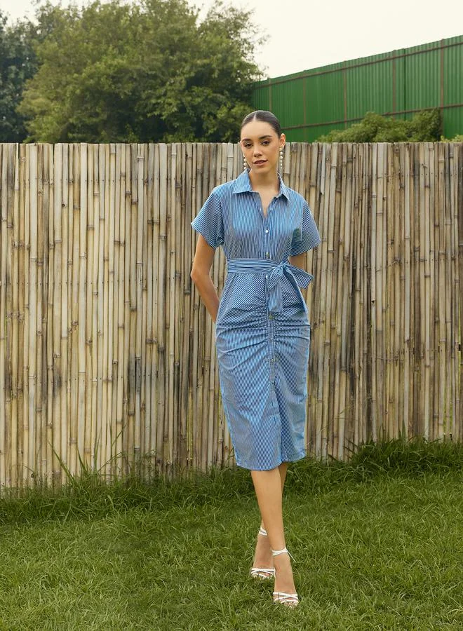 SASSAFRAS Striped Ruched Detail Shirt Midi Dress with Tie-Up Belt by Styli