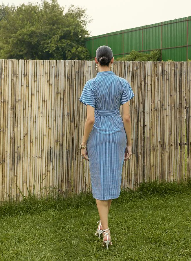 SASSAFRAS Striped Ruched Detail Shirt Midi Dress with Tie-Up Belt by Styli