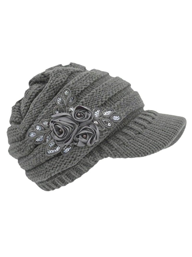 Caviotess C-US Women Winter Warm Knit Hat Crochet Visor Brim Cap with Flower Accent Gray - Image 1