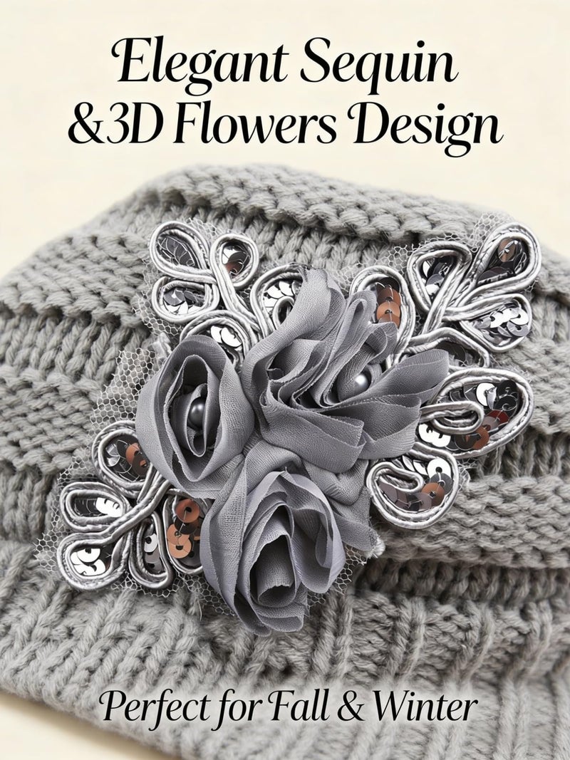Caviotess C-US Women Winter Warm Knit Hat Crochet Visor Brim Cap with Flower Accent Gray - Image 5