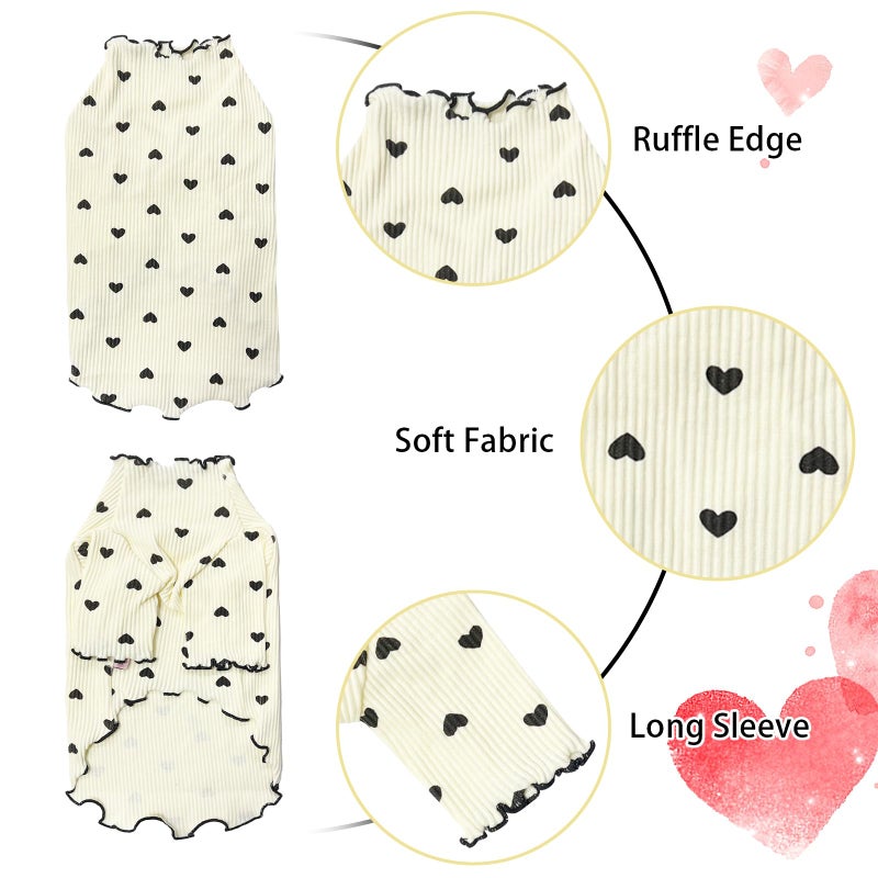 Yaopelky Pet Clothes for Small Dogs Cat Summer Fall Heart Print Shirt Stretchable Ruffle Long Sleeve Outfits for Chihuahua Schnauzer Shih Tzu Yorkie (Beige, Small) - Image 2