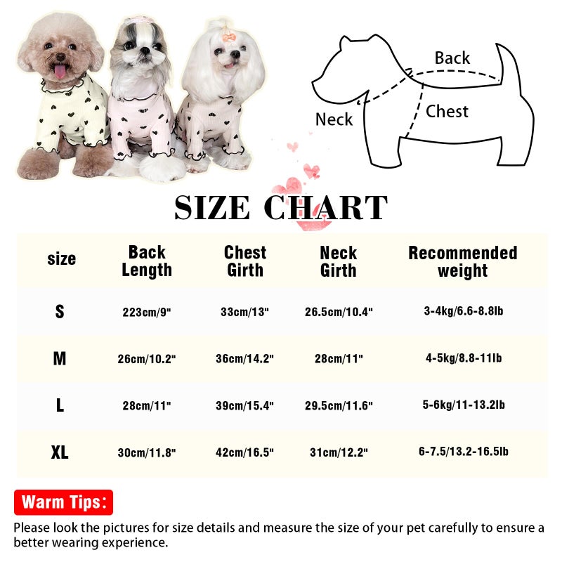 Yaopelky Pet Clothes for Small Dogs Cat Summer Fall Heart Print Shirt Stretchable Ruffle Long Sleeve Outfits for Chihuahua Schnauzer Shih Tzu Yorkie (Beige, Small) - Image 3