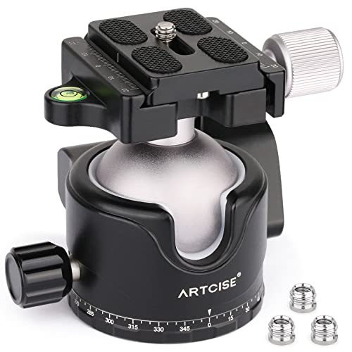 ARTCISE 46mm Low Profile Tripod Head with 3 Screw Adapter 3/8 to 1/4 Professional Aluminium 360 Rotating Panoramic Ball Head Max Loading 20kg - Image 1