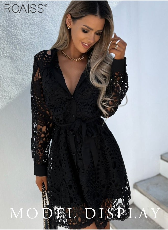 Solid Color Hollow Lace Shirt Dress Fashionable And Versatile Daily Commuter Long-Sleeved Dress With Button Closure