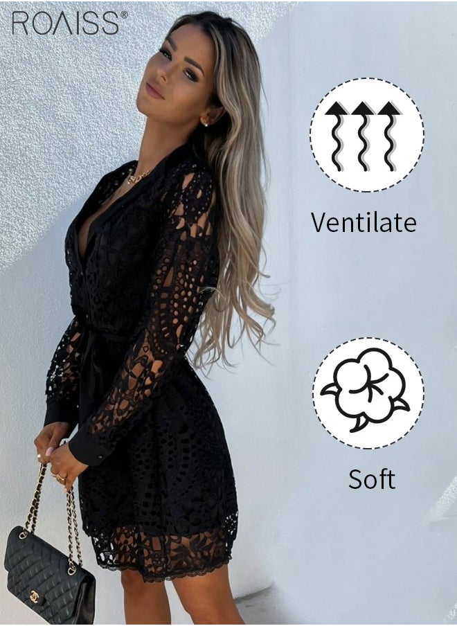 Solid Color Hollow Lace Shirt Dress Fashionable And Versatile Daily Commuter Long-Sleeved Dress With Button Closure