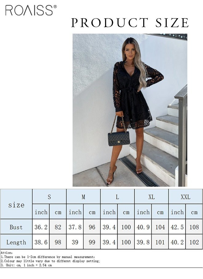 Solid Color Hollow Lace Shirt Dress Fashionable And Versatile Daily Commuter Long-Sleeved Dress With Button Closure
