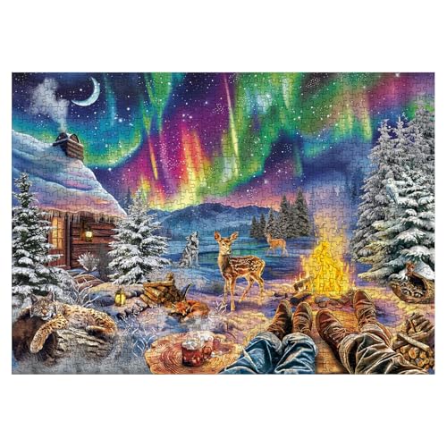 Larkipuzz Magic Northern Lights Landscape Puzzles for Adults 1000 Pieces Colorful Nature Aurora Animal Deer Jigsaw Puzzles Beautiful Winter Snow Scenic Cabin Camping Stars Puzzle - Image 5