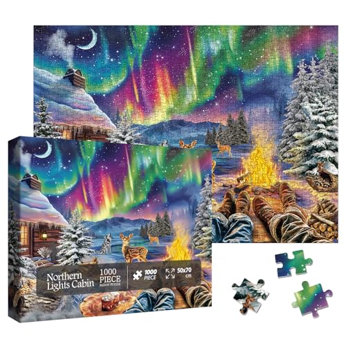 Larkipuzz Magic Northern Lights Landscape Puzzles for Adults 1000 Pieces Colorful Nature Aurora Animal Deer Jigsaw Puzzles Beautiful Winter Snow Scenic Cabin Camping Stars Puzzle - Image 1