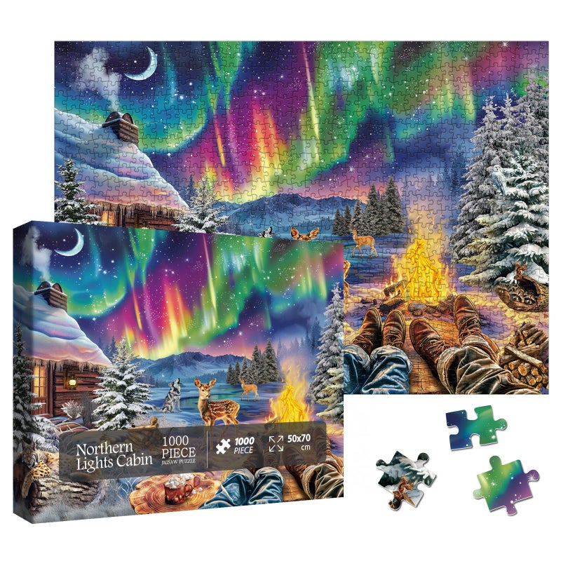 Larkipuzz Magic Northern Lights Landscape Puzzles for Adults 1000 Pieces Colorful Nature Aurora Animal Deer Jigsaw Puzzles Beautiful Winter Snow Scenic Cabin Camping Stars Puzzle - Image 3