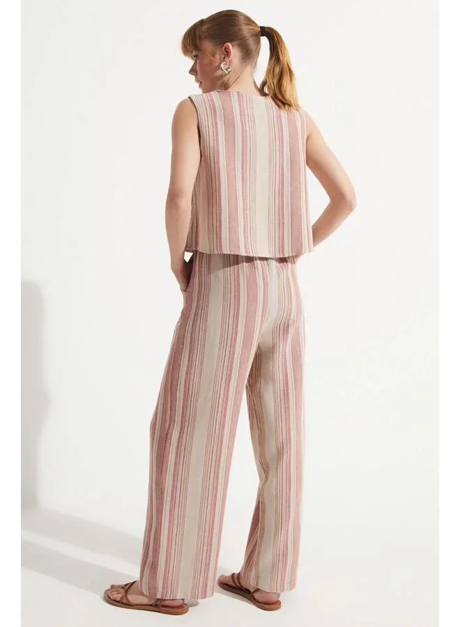 جون June Striped Cotton Blouse & Trouser Set Red